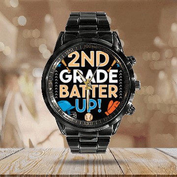 Discover 2nd Grade Batter Up Baseball School Back to Class Calendar Steel Band Watch