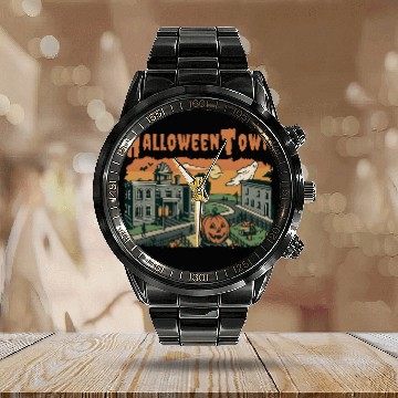 Discover Halloweentown Spooky Sunset Scene – Vintage Hallow Calendar Steel Band Watch