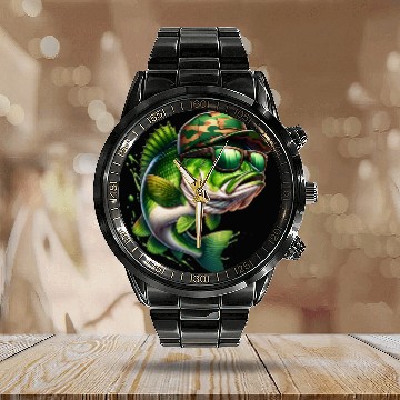 Discover Camo Hat Bass Fish with Green Sunglasses Calendar Steel Band Watch
