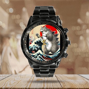 Discover Catzilla Cat Japanese Art Funny Cat Calendar Steel Band Watch