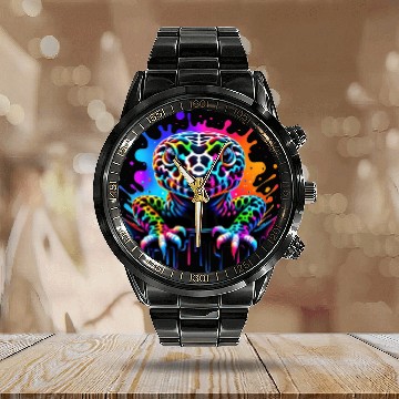 Discover Neon Psychedelic Lizard Illustration Calendar Steel Band Watch