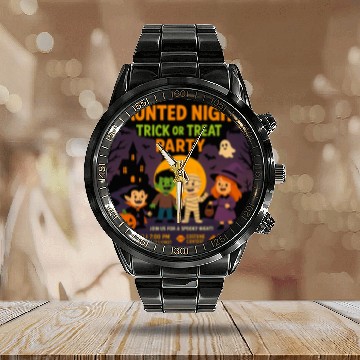 Discover Halloween Trick or Treat Party Design Calendar Steel Band Watch