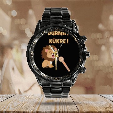 Discover Cute Lion with Crown and Microphone Calendar Steel Band Watch