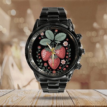 Discover Charming Strawberry and Floral Art for Nature Calendar Steel Band Watch