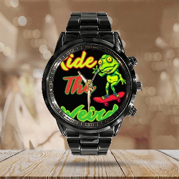 Discover Ride the Weird, Frog, Funny, Calendar Steel Band Watch Design ,