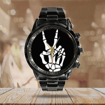 Discover Skeleton Hand Peace Sign Cool Halloween Calendar Steel Band Watch