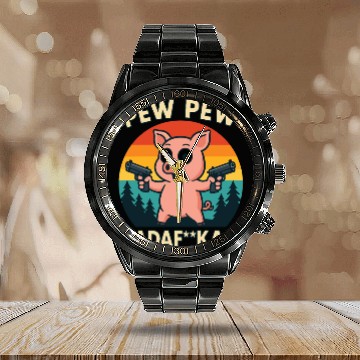Discover Pew Pew Pig with Guns Calendar Steel Band Watch