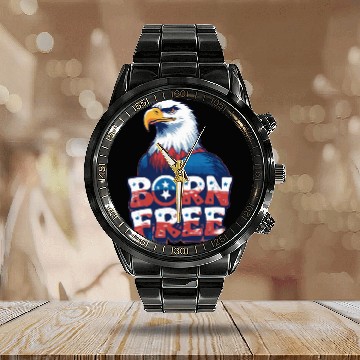 Discover Born Free American Eagle Patriot Calendar Steel Band Watch