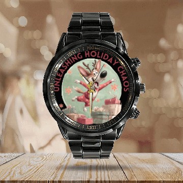 Discover Festive Reindeer Celebration Design Calendar Steel Band Watch