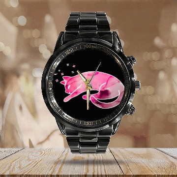 Discover Watercolor Sleeping Cat with Moon Stars Calendar Steel Band Watch