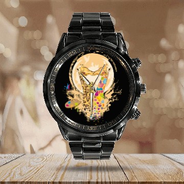 Discover Colorful Giraffes in Love in Graffiti Style Calendar Steel Band Watch