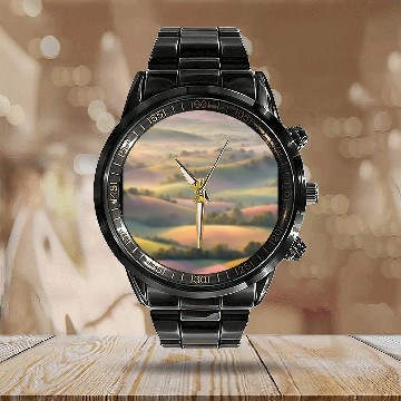 Discover Pastel Rolling Hills Landscape Calendar Steel Band Watch
