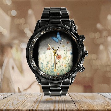 Discover Flowers and butterflies Calendar Steel Band Watch