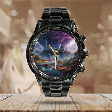 Discover Alien Planet: Fantasy Mountain Cityscape Calendar Steel Band Watch