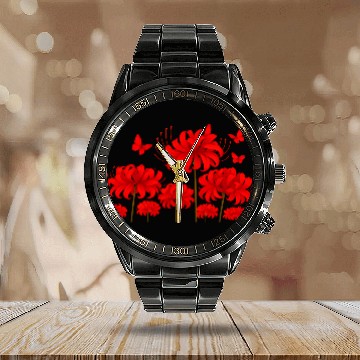 Discover Vivid Red Hibiscus with Butterflies Calendar Steel Band Watch