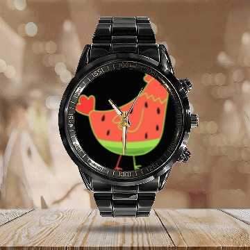 Discover Whimsical Watermelon Chicken Illustration Calendar Steel Band Watch