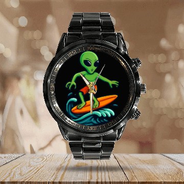 Discover alien surfing Calendar Steel Band Watch