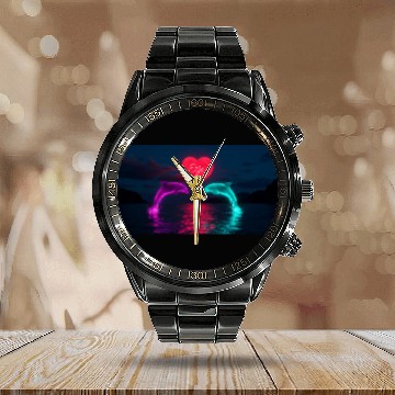 Discover In a stunning digital artwork, two dolphins  Calendar Steel Band Watch