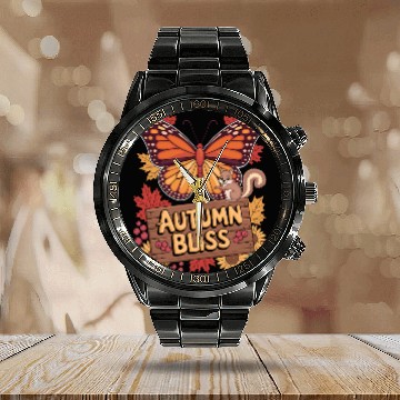 Discover Autumn Bliss Butterfly Squirrel Leaves Fall Vibes Calendar Steel Band Watch