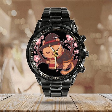Discover Cute Witch Cat with Cherry Blossoms Calendar Steel Band Watch