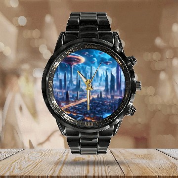 Discover Cyberpunk World Cityscape with Alien Ufo Skies Calendar Steel Band Watch