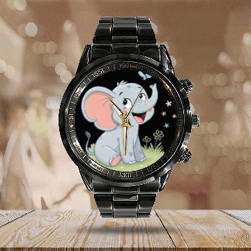 Discover Playful Elephant with Butterflies and Flowers Calendar Steel Band Watch
