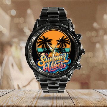 Discover Tropical Sunset Summer Vibes Design Calendar Steel Band Watch