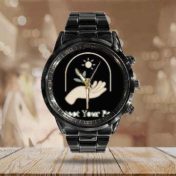 Discover Peaceful Nature Hand with Sun and Leaf Calendar Steel Band Watch