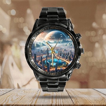 Discover Futuristic Cityscape with Alien Planets Sci-Fi Calendar Steel Band Watch