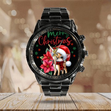 Discover Festive Christmas Puppy with Poinsettia Calendar Steel Band Watch