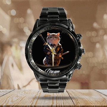 Discover Samurai Cat in Formal Kimono Calendar Steel Band Watch
