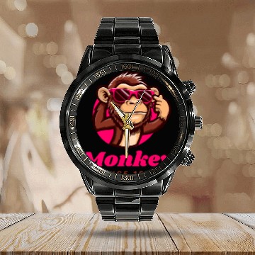 Discover Bold Monkey with Pink Sunglasses Calendar Steel Band Watch
