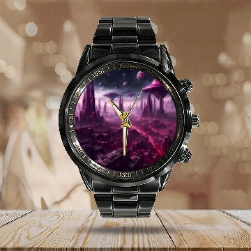 Discover Sci-Fi Future World And Alien City in Neon Pink Calendar Steel Band Watch