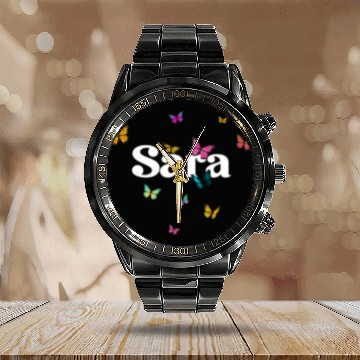 Discover SARA - beautiful girl name with cute butterflies Calendar Steel Band Watch