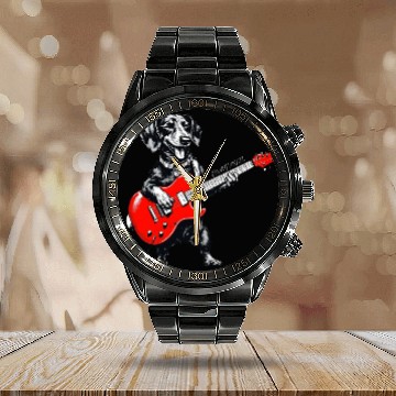 Discover Dachshund Playing Guitar Funny Rock and Roll Dog Calendar Steel Band Watch