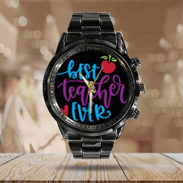Discover Best Teacher Ever – Apple & Heart Design Calendar Steel Band Watch