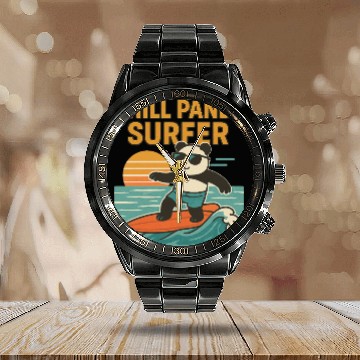 Discover Chill Panda Surfing Sunset Design Calendar Steel Band Watch