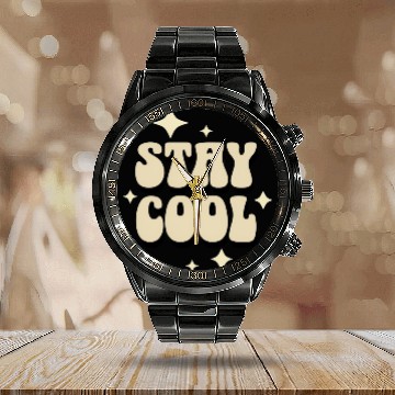 Discover Stay Cool Retro Typography Design Calendar Steel Band Watch