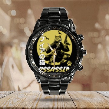 Discover Samurai Cat Martial Arts Illustration Calendar Steel Band Watch