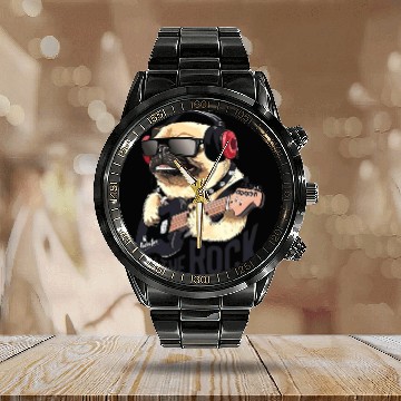 Discover Rockstar Dog with Guitar & Headphones Calendar Steel Band Watch
