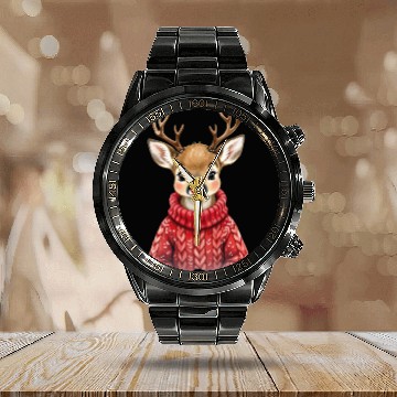Discover Festive Reindeer with Red Nose Sweater Calendar Steel Band Watch