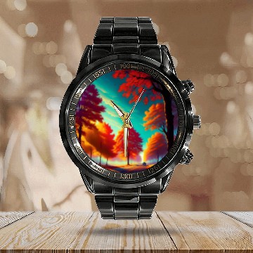 Discover Vivid Autumn Tree Landscape Calendar Steel Band Watch