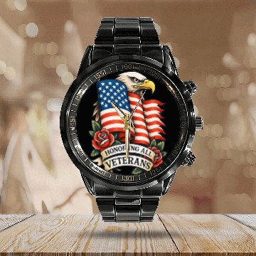 Discover Veterans Flag and Eagle Tribute Design Calendar Steel Band Watch