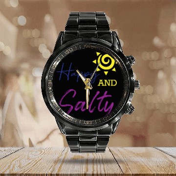 Discover Happy & Salty Sun Design Calendar Steel Band Watch