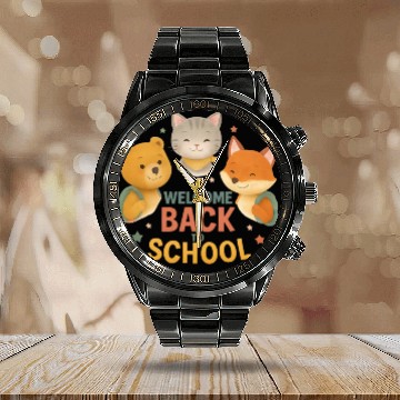 Discover Back to School with Fox Cat and Bear Cartoon Calendar Steel Band Watch