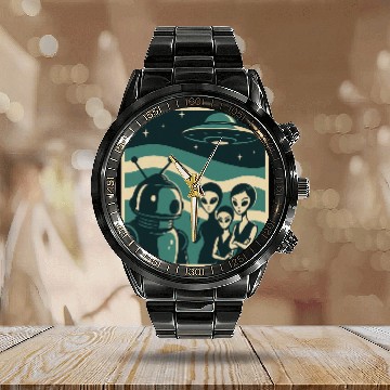 Discover Retro Sci-Fi Alien Encounter Design Calendar Steel Band Watch