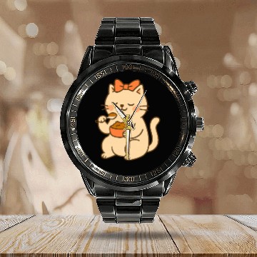 Discover Cute Cat with Bow Eating SoupCute Kawaii Cat Eatin Calendar Steel Band Watch