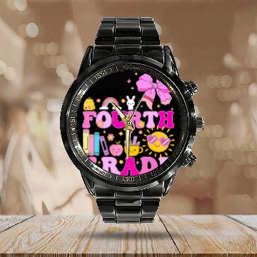 Discover Hello Fourth Grade, Preppy Back to School Calendar Steel Band Watch