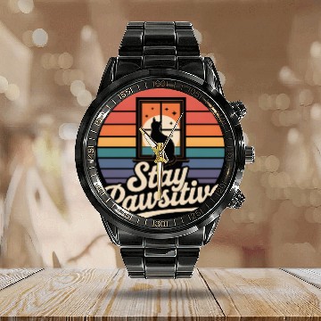 Discover Stay Pawsitive Retro Cat Window Starry Night Calendar Steel Band Watch