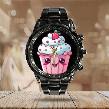 Discover Kawaii Strawberry Cupcake Illustration Calendar Steel Band Watch
